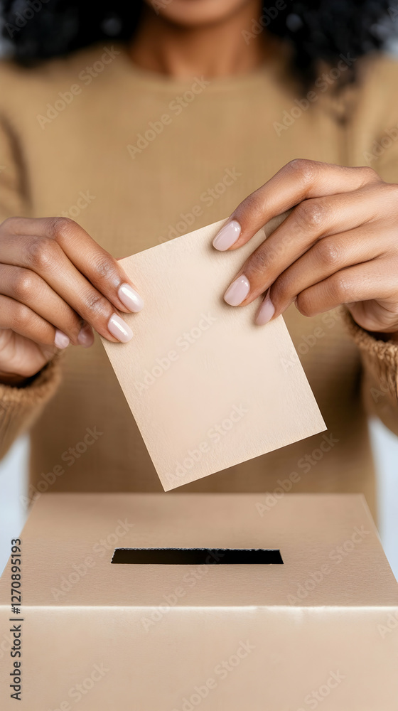Obraz premium Woman casts ballot in election box indoors; civic duty, democratic process