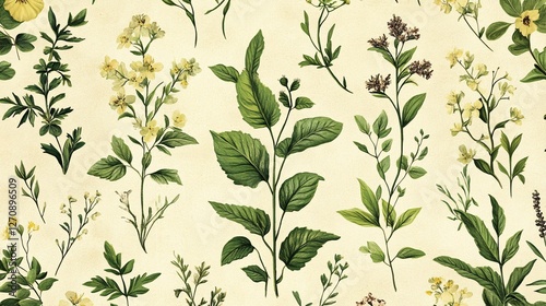 Delicate Botanical Illustration Featuring Various Flowers and Plants