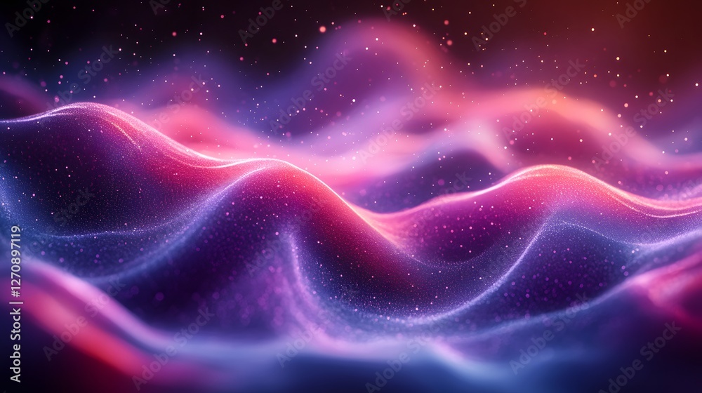 Abstract Digital Waves of Glowing Colors in a Cosmic Landscape neon hues and speckles of light. Abstract Digital Waves of Glowing Colors in a Cosmic Landscape neon hues and speckles of light.
