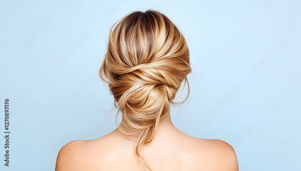 Fototapeta premium Woman with blonde hair in a bun, back view, beauty and style, light blue background