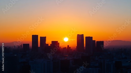 Wallpaper Mural Golden Sunset Over a City Skyline with Silhouetted Buildings Against a Colorful Evening Sky : Generative AI Torontodigital.ca