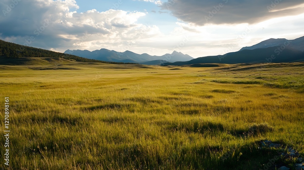 Stunning landscape view of vast grassy fields under a beautiful sky with mountains in the background : Generative AI Stunning landscape view of vast grassy fields under a beautiful sky with mountains in the background : Generative AI