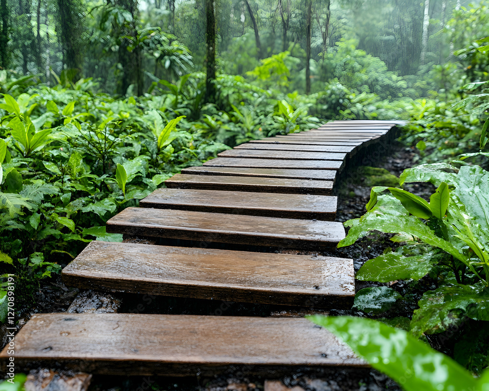 Wooden path in rain forest, jungle trail, lush vegetation, tourism, explore nature Wooden path in rain forest, jungle trail, lush vegetation, tourism, explore nature