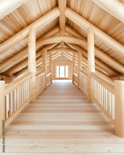 Wooden log cabin loft with bright end window as real estate or building material