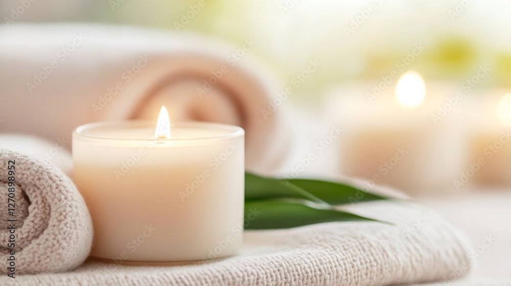 Cozy white candle on rolled towels surrounded by a calm and elegant spa setting : Generative AI Cozy white candle on rolled towels surrounded by a calm and elegant spa setting : Generative AI