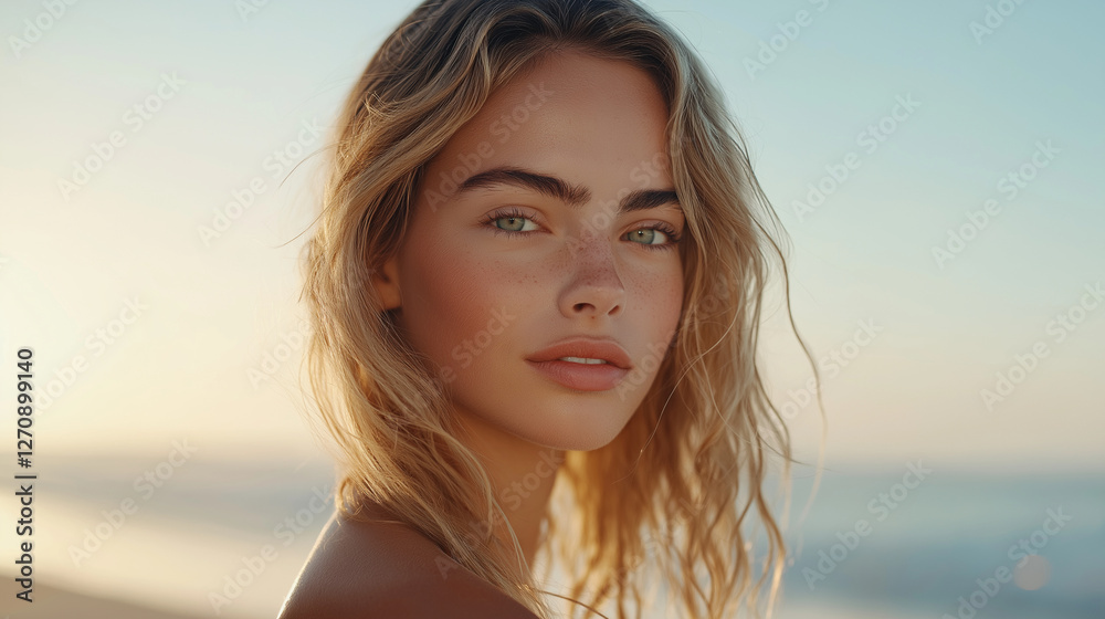 Strandportrait Sonnenuntergang, Natürliches Portrait einer jungen Frau im warmen Abendlicht am Strand. Beauty-Aufnahme mit goldenem Sonnenlicht und sommerlicher Atmosphäre Strandportrait Sonnenuntergang, Natürliches Portrait einer jungen Frau im warmen Abendlicht am Strand. Beauty-Aufnahme mit goldenem Sonnenlicht und sommerlicher Atmosphäre