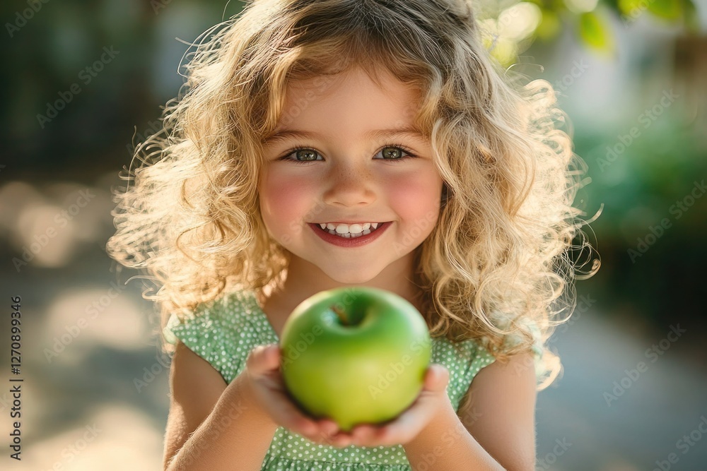 Joyful young girl holding a fresh green apple with both hands, smiling warmly at the camera. Happiness, health, and innocence. Selective focus. Joyful young girl holding a fresh green apple with both hands, smiling warmly at the camera. Happiness, health, and innocence. Selective focus.