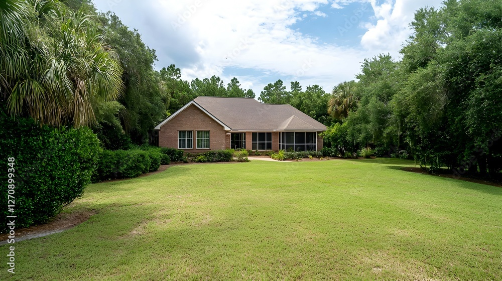 Fototapeta premium Brown Brick Ranch House with Green Lawn and Lush Trees