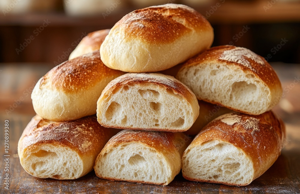 Freshly Baked Sourdough Rolls Revealing Delicious Texture on Wooden Table Freshly Baked Sourdough Rolls Revealing Delicious Texture on Wooden Table