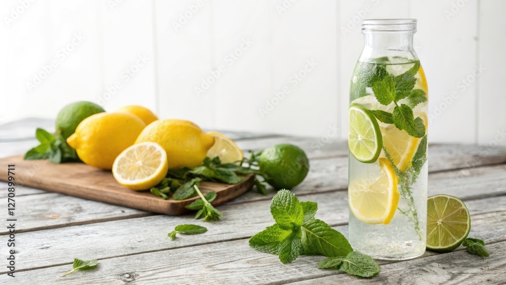Fototapeta premium Refreshing Lemon Water with Mint in Bottle Surrounded by Fresh Fruits on Wooden Table - Minimalist Photography for Healthy Lifestyle and Hydration