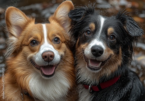 Two charming and joyful dogs sit side by side on the lush green grass, gazing loyally up at their owner photo