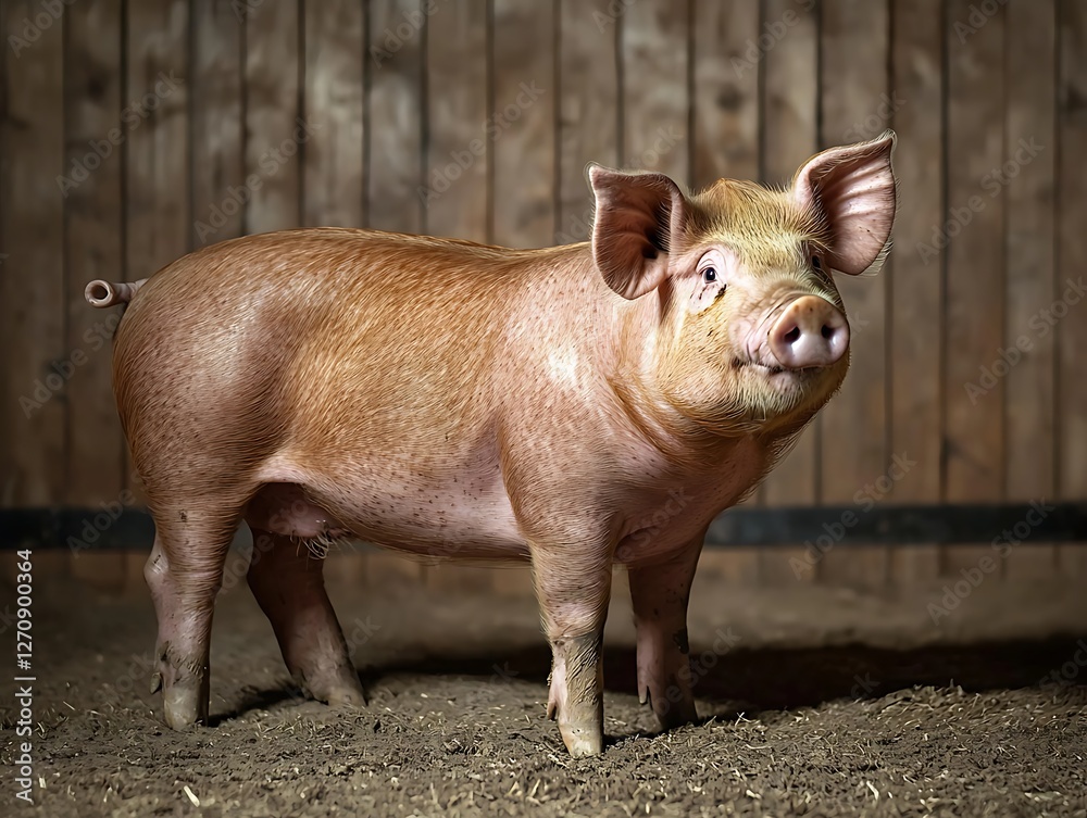 Playful piglet portrayed in barn setting captured in natural light farm environment Playful piglet portrayed in barn setting captured in natural light farm environment