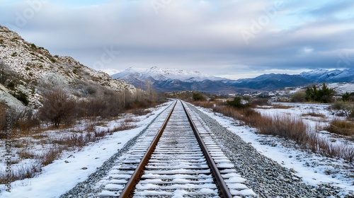 Winter Wonderland Scene Featuring SnowCovered Railway Tracks and Mountains : Generative AI photo