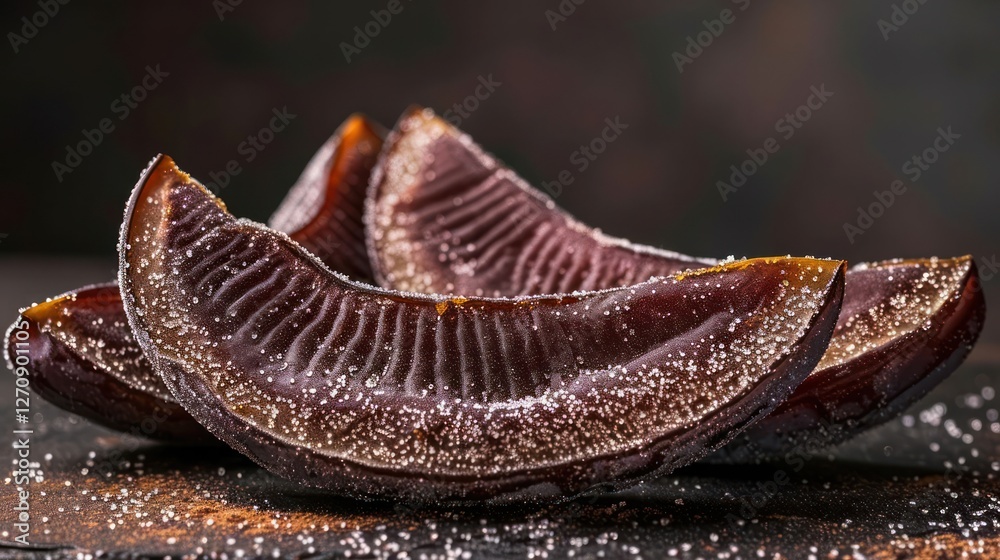 Fototapeta premium Dark, glossy slices of fruit with a sprinkle of salt, showcasing an artistic food presentation.