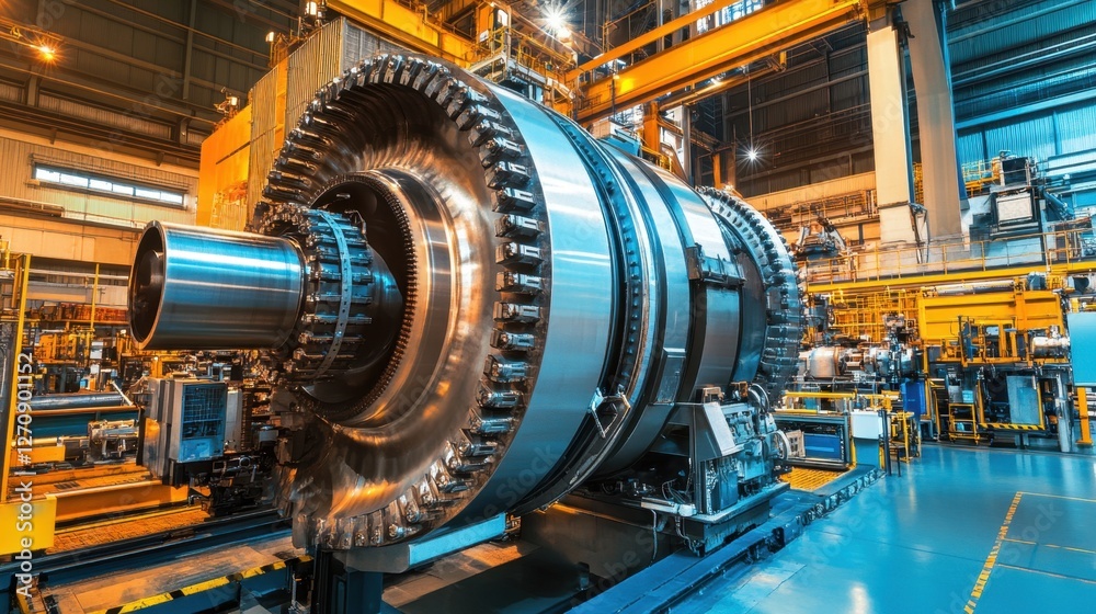 Fototapeta premium A clean and organized industrial factory producing large-scale steam turbines for energy generation.