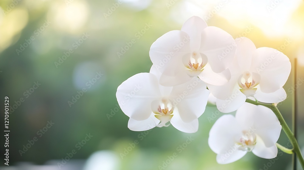 Fototapeta premium Delicate white orchids blooming in soft sunlight showcasing nature's beauty and elegance in a natural setting : Generative AI
