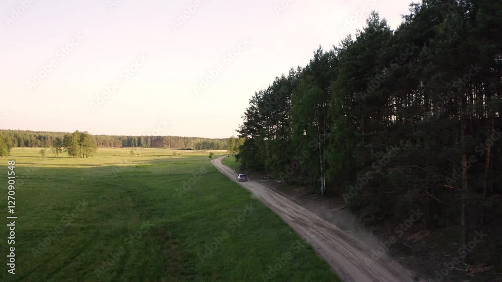 Car passing through a forested area near a rural village at sunset, rearview aerial tracking follow as dirt rises into air Car passing through a forested area near a rural village at sunset, rearview aerial tracking follow as dirt rises into air