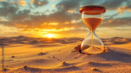 Sanduhr in der Wüste bei Sonnenuntergang als Symbol für Vergänglichkeit und Zeitfluss