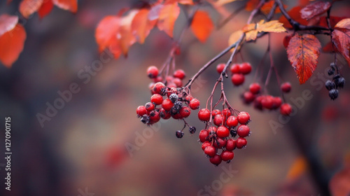 Vibrant red berries surrounded by autumn leaves in a serene outdoor setting