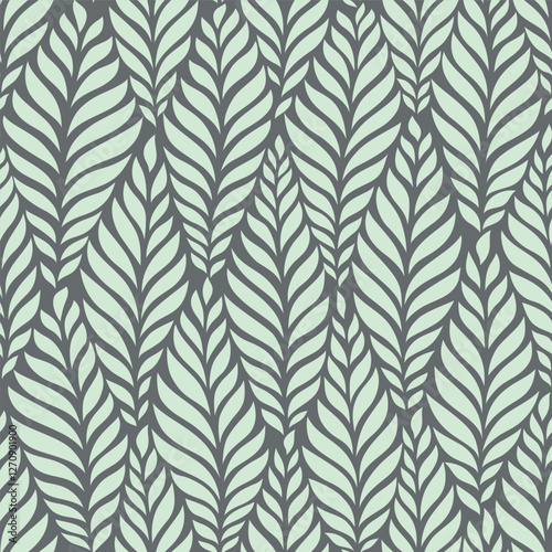Seamless grey floral background with mentol green leaves. Hand drawn minimal abstract organic shapes pattern. Delicate vector grey abstact pattern with mentol green leaves. Monochrome.