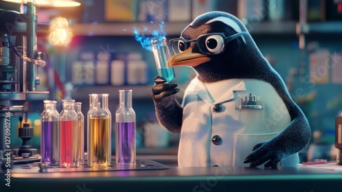 Penguin scientist analyzing liquid in laboratory