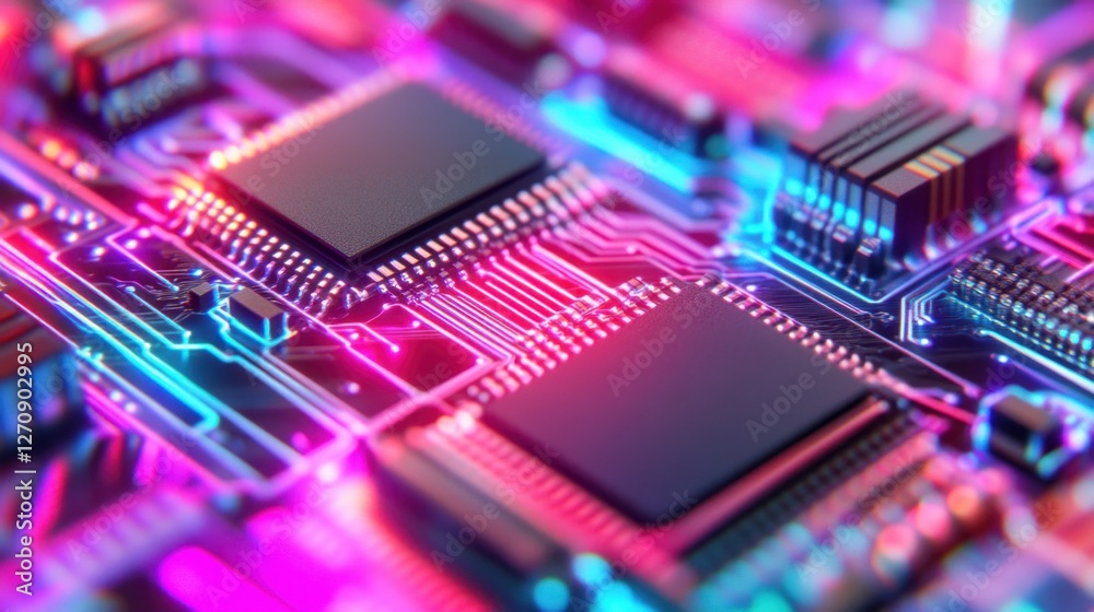Obraz premium A close-up of a reflow soldering process with infrared heat sealing microchips to a PCB.