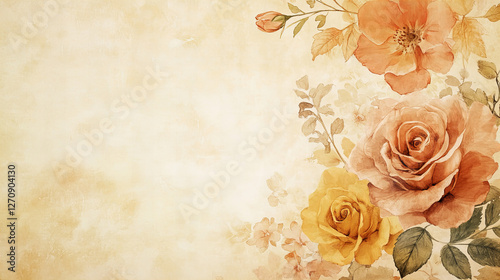 Elegant vintage floral background with delicate pastel roses, soft watercolor textures, and an antique aesthetic, ideal for wedding invitations, greeting cards, romantic stationery