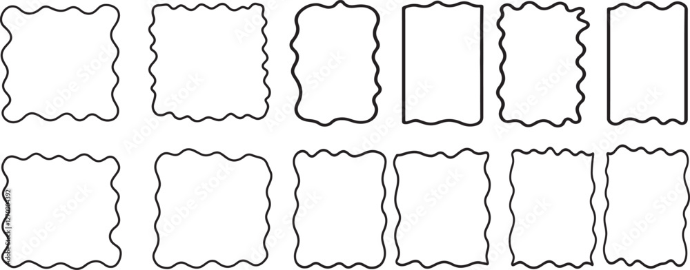 Set of rectangle frames with wavy edges. Rectangular shapes with wiggly borders. Picture or photo frames, empty text boxes, tags, labels isolated on white