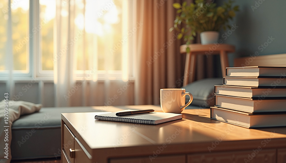 Elegant bedside table with books, coffee mug, and notebook.
Elegant bedside table with books, coffee mug, and notebook.