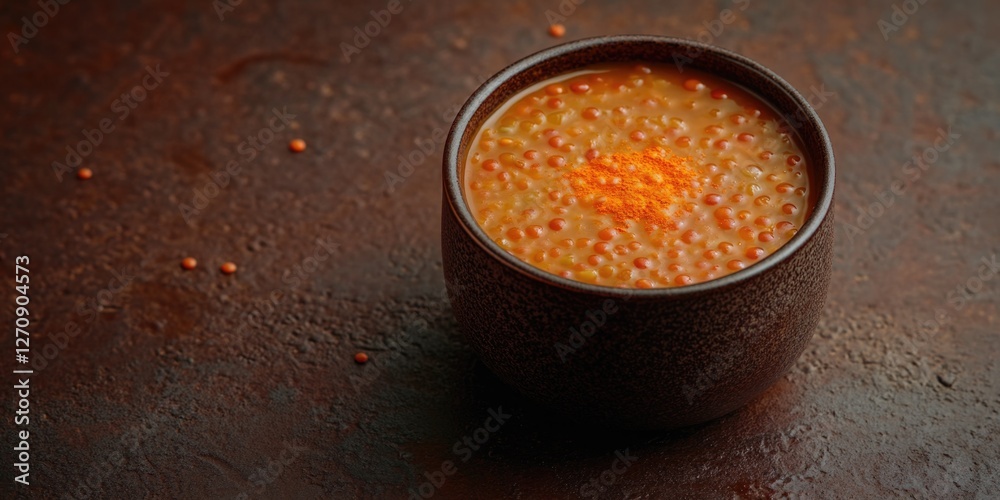 A delicious bowl of tomato soup garnished with red peppercorns, ready for a meal. A delicious bowl of tomato soup garnished with red peppercorns, ready for a meal.