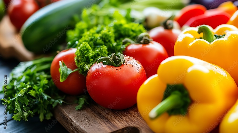 Fresh vibrant vegetables including tomatoes and bell peppers on a rustic wooden board : Generative AI Fresh vibrant vegetables including tomatoes and bell peppers on a rustic wooden board : Generative AI