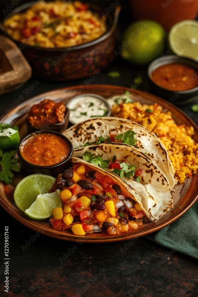 A plate of tacos, rice and beans, and a side of salsa. A plate of tacos, rice and beans, and a side of salsa.
