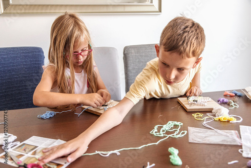 Kids use thread and nails to make shapes. They build skills, learn new things, and enjoy creative time.