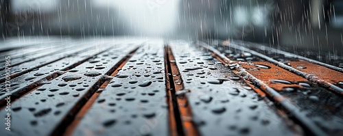 Acid rain climate change concept. Wet wooden surface with raindrops, creating a serene and reflective atmosphere.
