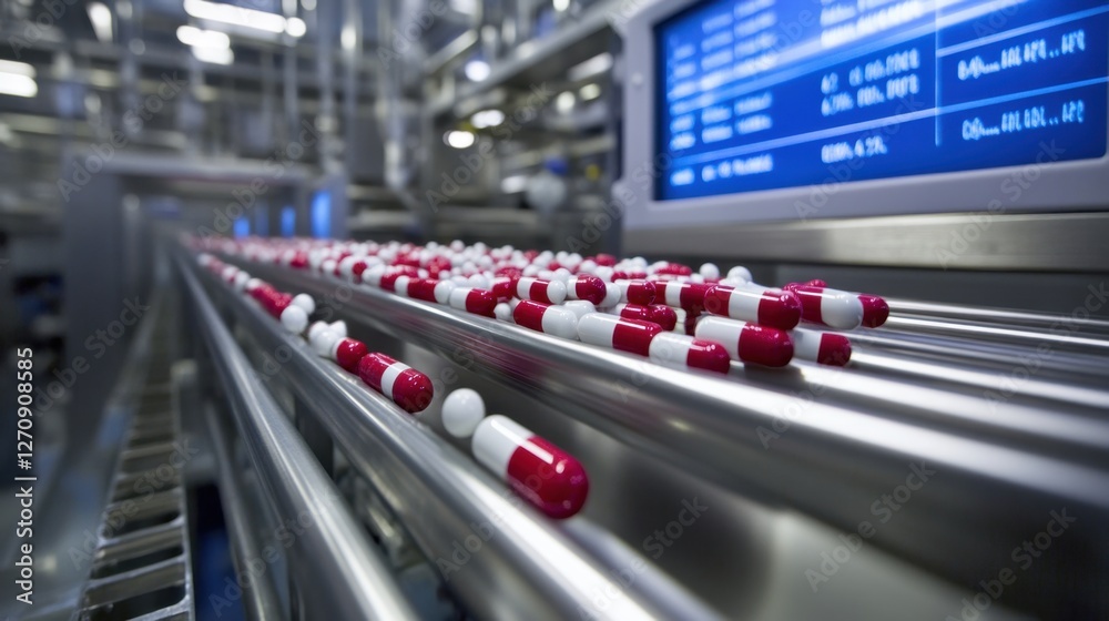 A digital display tracking red and white capsule production statistics in a sterile facility. A digital display tracking red and white capsule production statistics in a sterile facility.