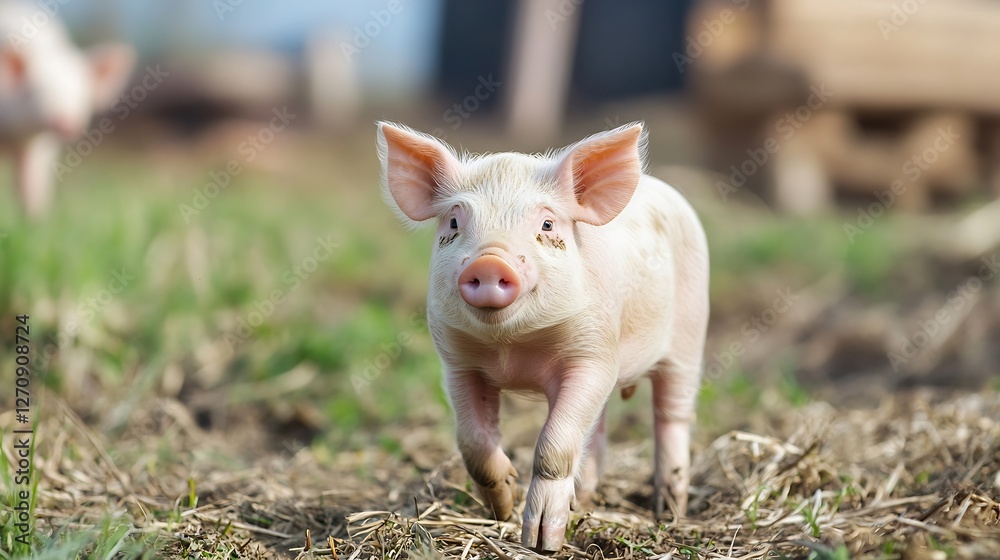 Adorable pink piglet roaming freely in a lush green pasture under a clear sky : Generative AI Adorable pink piglet roaming freely in a lush green pasture under a clear sky : Generative AI