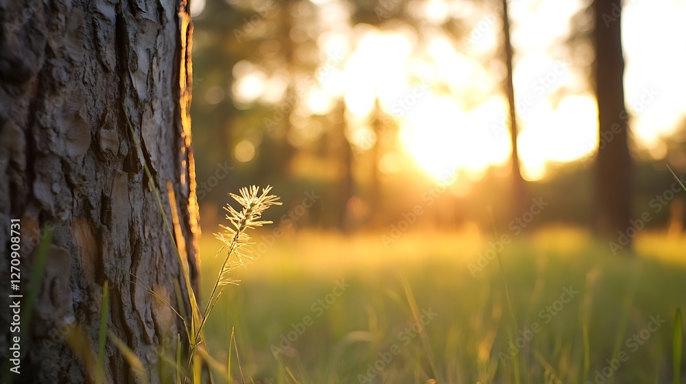 Breathtaking sunset illuminating a tall tree trunk with soft light and green grass surrounding : Generative AI