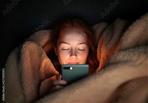 Wallpaper Mural Young Girl Using Smartphone Under Blanket at Night, Glowing Screen Light Torontodigital.ca