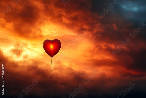 Heart-Shaped Balloon at Dramatic Sunset - Romantic Love Symbol Against Fiery Sky photo