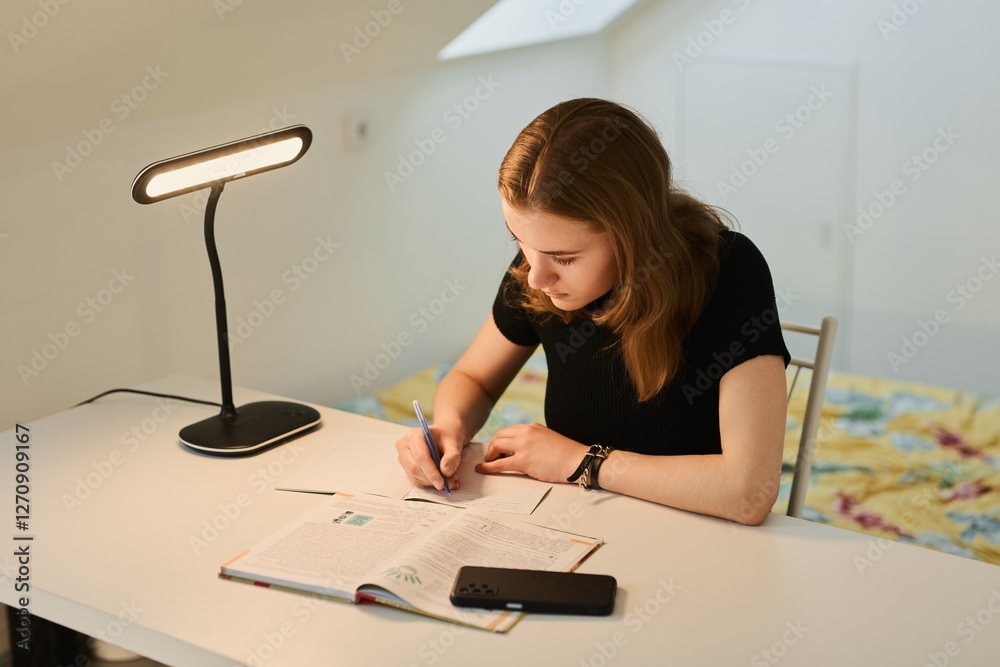 Beautiful schoolgirl sits at a desk with notebooks and textbooks, does homework Beautiful schoolgirl sits at a desk with notebooks and textbooks, does homework