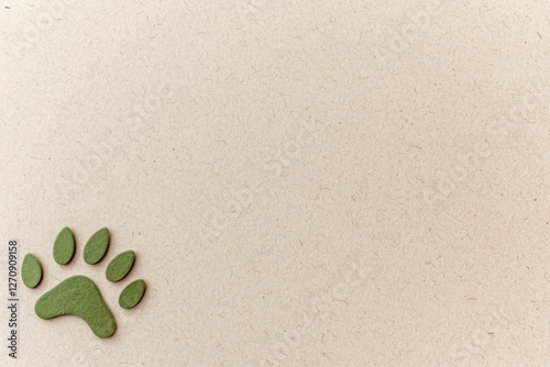 Green paw print on beige textured paper background minimalist design