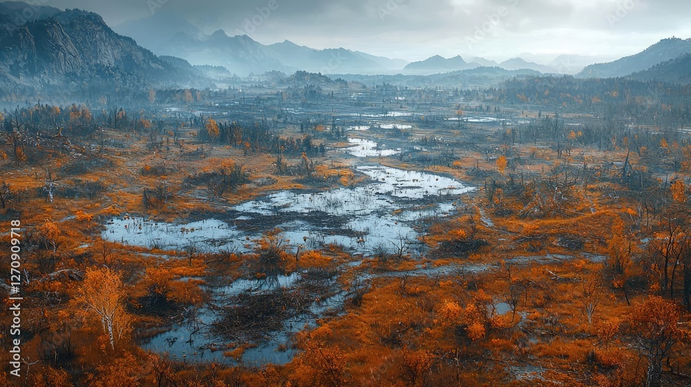 Acid rain climate change concept. A breathtaking view of a misty landscape with orange and blue hues reflecting nature. Acid rain climate change concept. A breathtaking view of a misty landscape with orange and blue hues reflecting nature.
