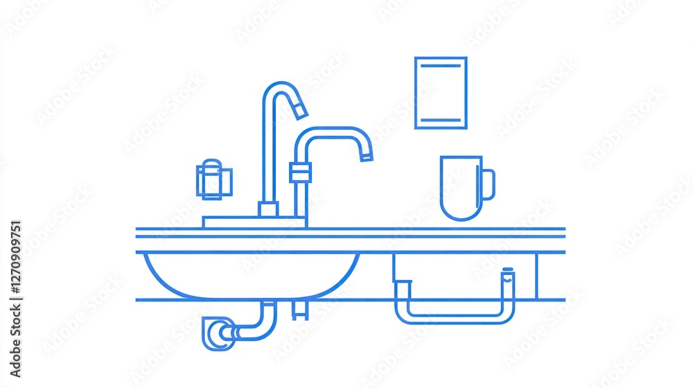 Obraz premium Kitchen sink plumbing diagram, minimalist design, illustration