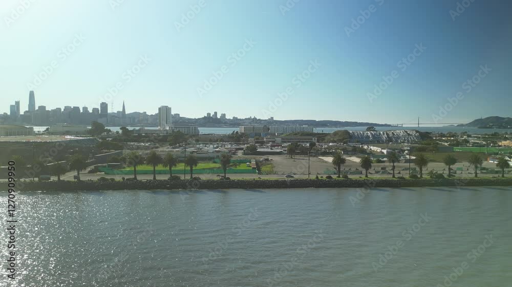 Aerial drone view of Treasure Island in the day with San Francisco cityscape in California, USA Aerial drone view of Treasure Island in the day with San Francisco cityscape in California, USA