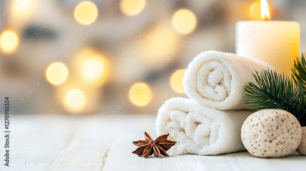 Relaxing Spa Scene with Towels Candles and Natural Elements for a Tranquil Atmosphere : Generative AI