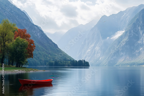 Beautiful landscape with many mountains and a river with a red boat in the landscape full of colors