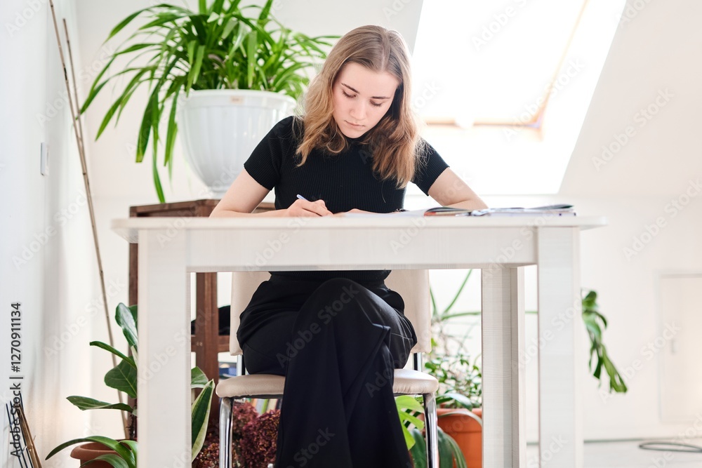 Beautiful schoolgirl sits at a desk with notebooks and textbooks, does homework Beautiful schoolgirl sits at a desk with notebooks and textbooks, does homework