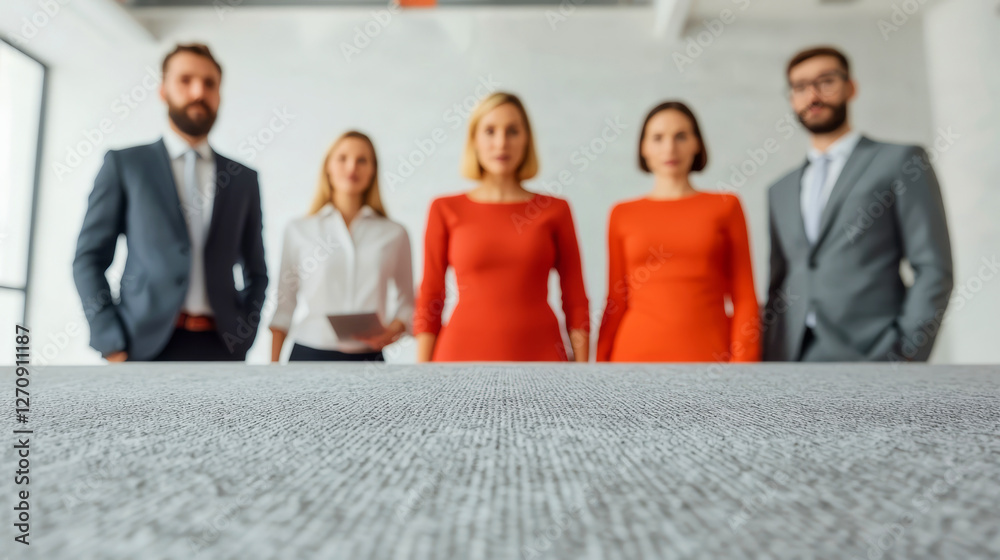 Fototapeta premium A group of five professionals stands confidently in a modern office, showcasing a mix of formal attire and bold colors, with a focus on teamwork and collaboration.