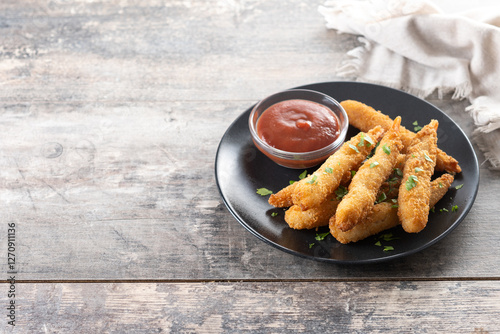 Breaded Torpedo shrimps on wooden table. Copy space
