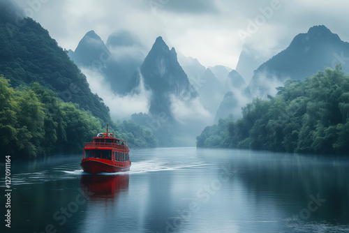 Beautiful landscape with many mountains and a river with a red boat in the landscape full of colors
